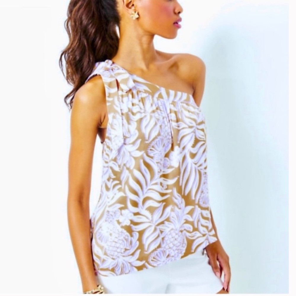 Lilly Pulitzer One Shoulder Bow Bexler Lilac and Tan Top